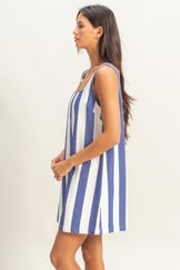 Striped Square Neck Woven Mini Dress in Blue and Cream