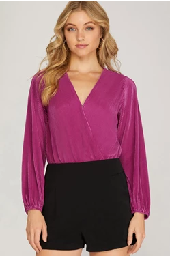 MAGENTA RIBBED V NECK BODY SUIT