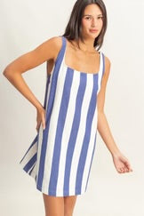 Striped Square Neck Woven Mini Dress in Blue and Cream