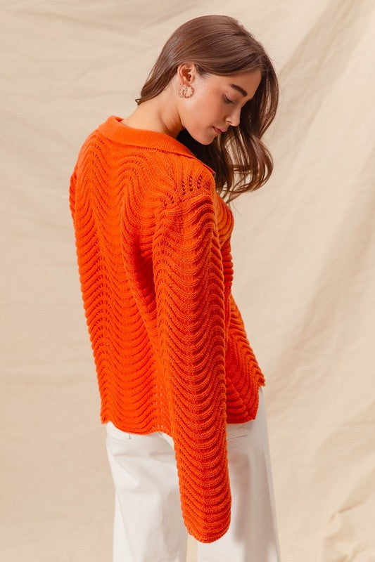 ORANGE NOTCHED COLLAR WAVY TEXTURE SWEATER TOP