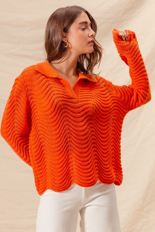 ORANGE NOTCHED COLLAR WAVY TEXTURE SWEATER TOP