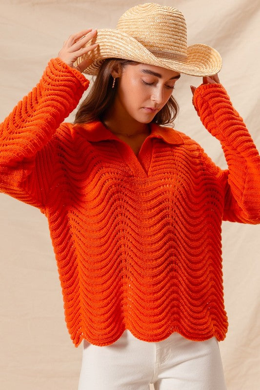 ORANGE NOTCHED COLLAR WAVY TEXTURE SWEATER TOP