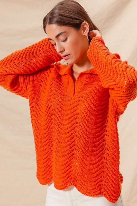 ORANGE NOTCHED COLLAR WAVY TEXTURE SWEATER TOP