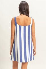 Striped Square Neck Woven Mini Dress in Blue and Cream