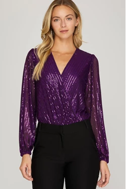 PURPLE SEQIUN V NECK BODY SUIT