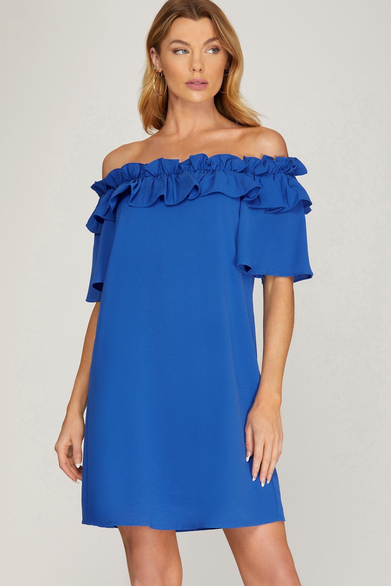 RUFFLED OFF THE SHOULDER SHORT SLEEVE WOVEN
DRESS