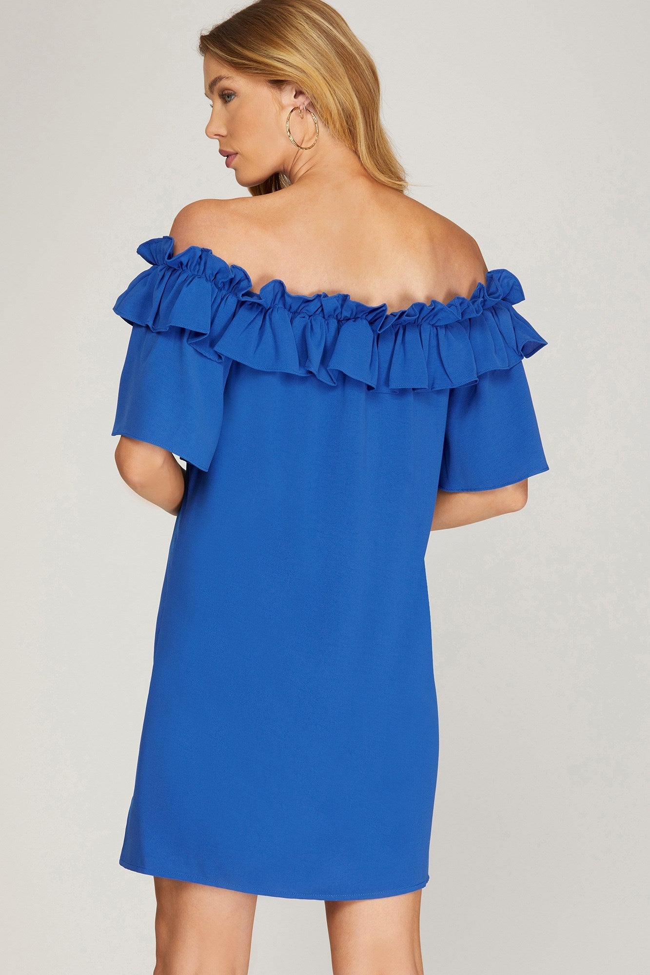 RUFFLED OFF THE SHOULDER SHORT SLEEVE WOVEN
DRESS