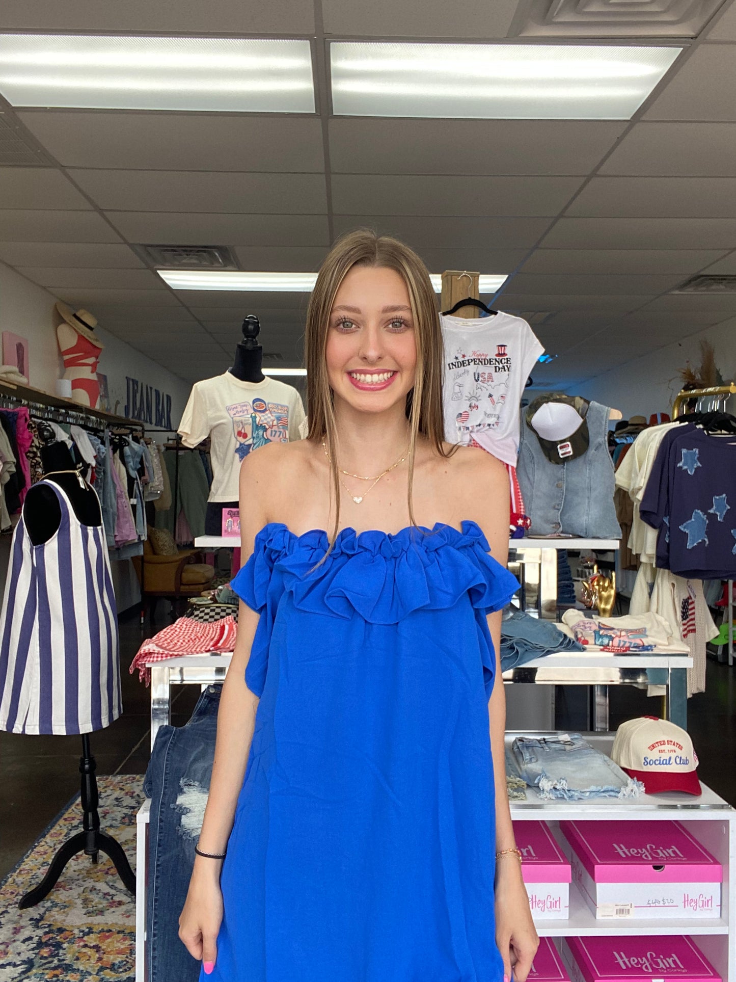 RUFFLED OFF THE SHOULDER SHORT SLEEVE WOVEN
DRESS