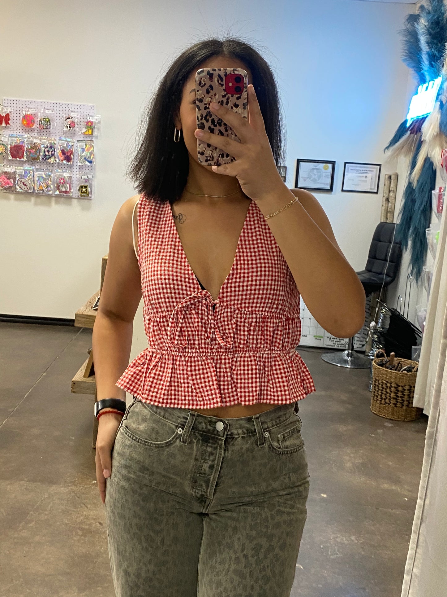 Neck Bow Detail Sleeveless Gingham Top