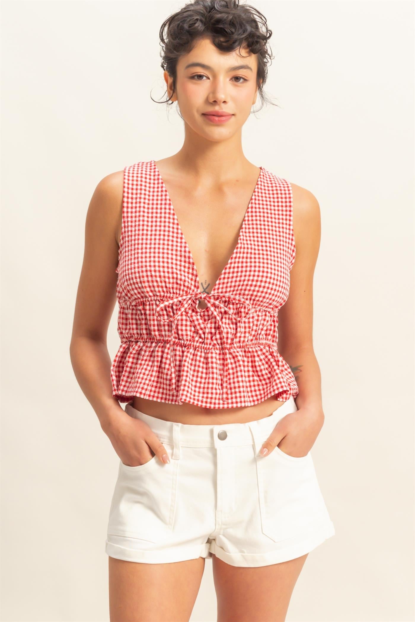 Neck Bow Detail Sleeveless Gingham Top