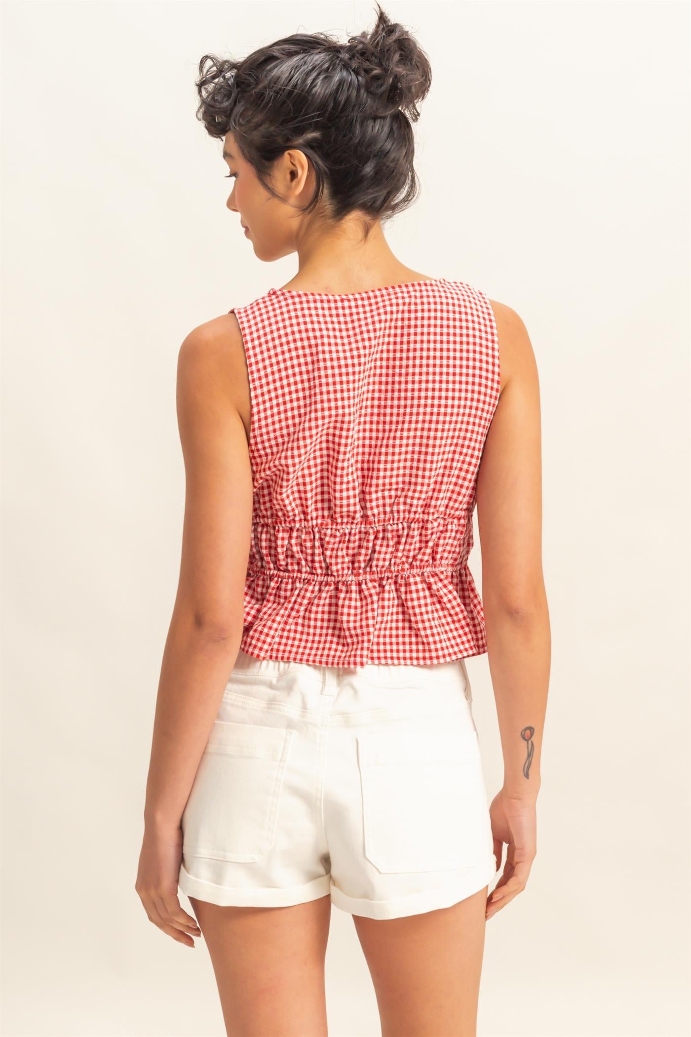 Neck Bow Detail Sleeveless Gingham Top