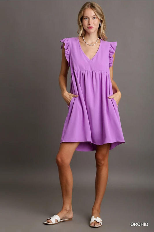 Ruffle Sleeves Dress with Pockets and No Lining