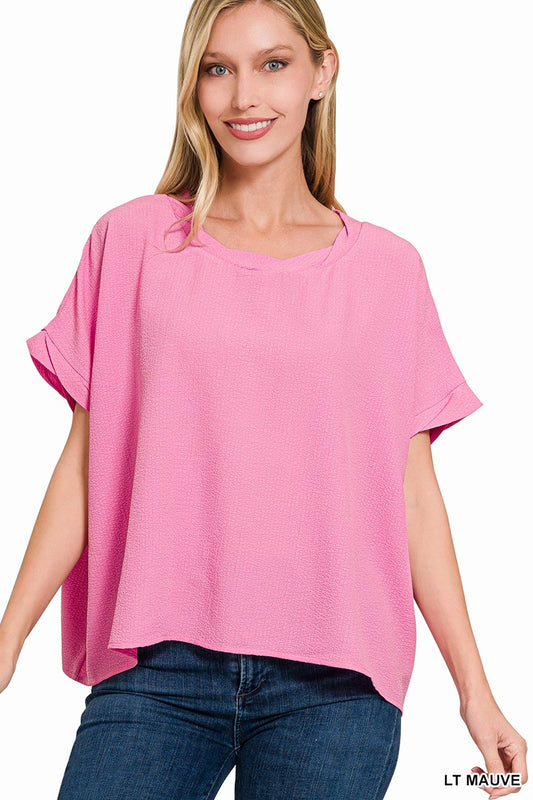 WOVEN ROUND NECK SHORT SLEEVE TOP in LT MAUVE