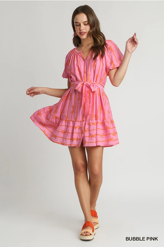 Two Tone Bow Print Flutter Button Down Dress with Belt Front Tie & Puff Short Sleeves