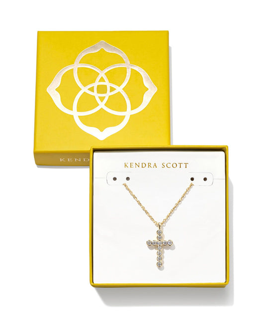 BOXED CROSS CRYSTAL PENDANT NECKLACE GOLD WHITE CRYSTAL