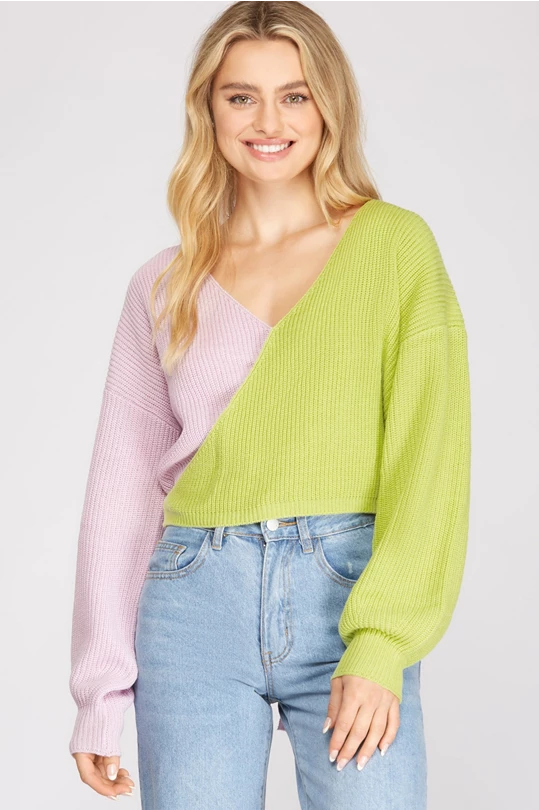 Long Sleeve Colorblock Sweater in Lilac/ Lime