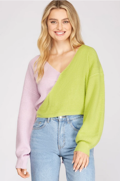 Long Sleeve Colorblock Sweater in Lilac/ Lime