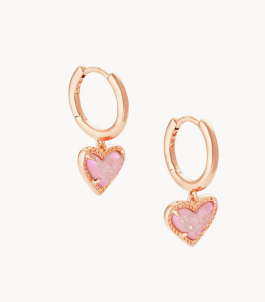 Ari Heart Rose Gold Huggie Earrings in Light Pink Drusy