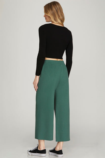 SLATE GREEN CAPRI SWEATER PANTS WITH ELASTIC WAIST TIE