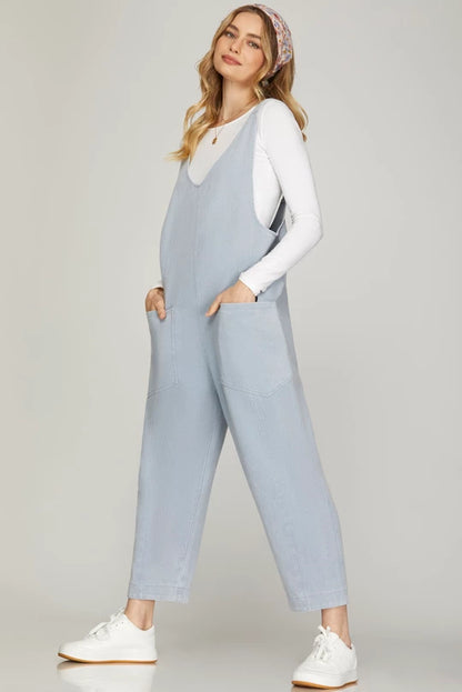 Relaxed fit washed denim jumpsuit