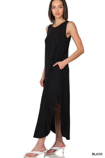 Black Sleeveless Round Neck Maxi Dress with Side Slits & Pockets