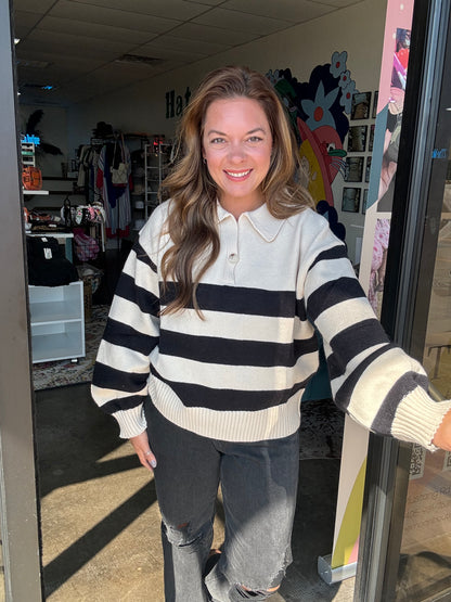 Cream and Black striped Sweater with Buttons and Collar