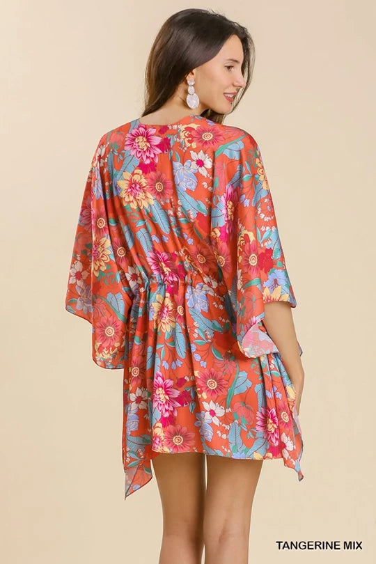 Floral Print Short Sleeve Tie Front Kimono with Side Slits