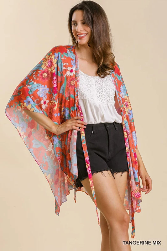 Floral Print Short Sleeve Tie Front Kimono with Side Slits