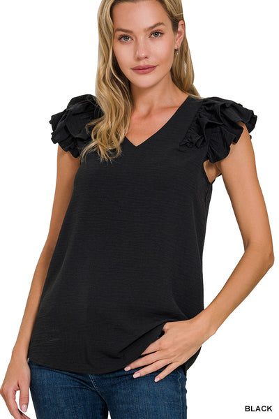 Black WOVEN AIRFLOW TIERED RUFFLE SLEEVE TOP
