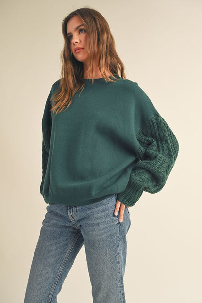 HUNTER GREEN CABLE SLEEVE SWEATSHIRT