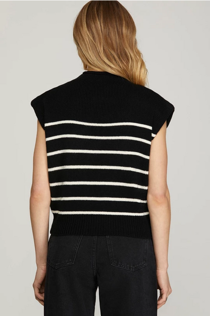 Mock Neck Striped Sweater in Black