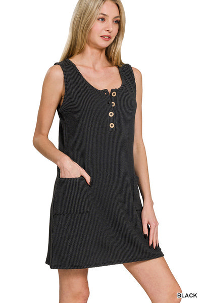 Black CORDED RIB SLEEVELESS TANK MINI DRESS WITH POCKETS