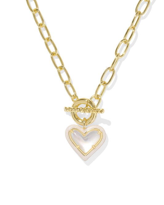 ARI HEART ENAMEL FRAME LINK AND CHAIN NECKLACE GOLD IVORY MOTHER OF PEARL