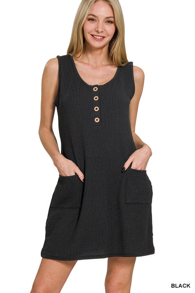 Black CORDED RIB SLEEVELESS TANK MINI DRESS WITH POCKETS