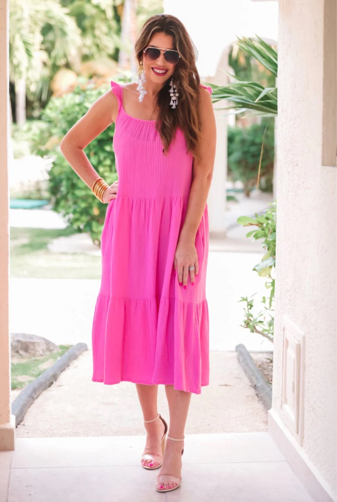 Pink Ruffle Hem Flutter Sleeve Maxi Dress