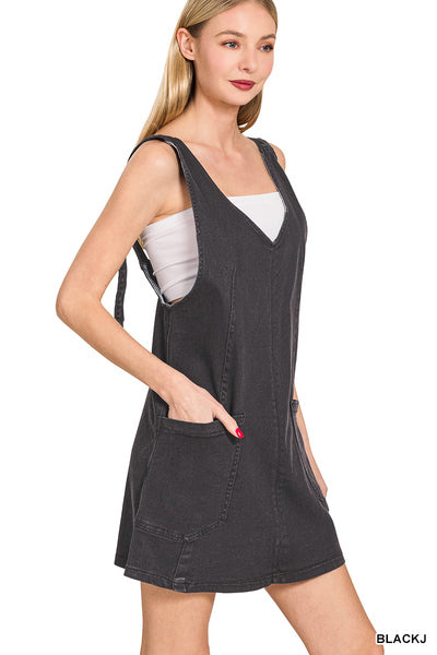 BLACK WASHED ADJUSTABLE STRAP DENIM OVERALL DRESS