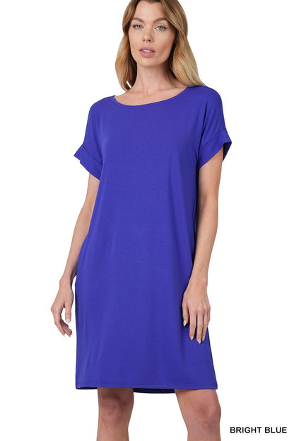 Bright Blue Rolled Short Sleeve Round Neck Dress