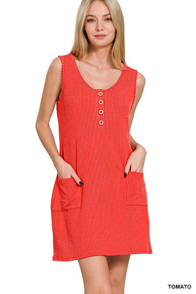 Tomato CORDED RIB SLEEVELESS TANK MINI DRESS WITH POCKETS