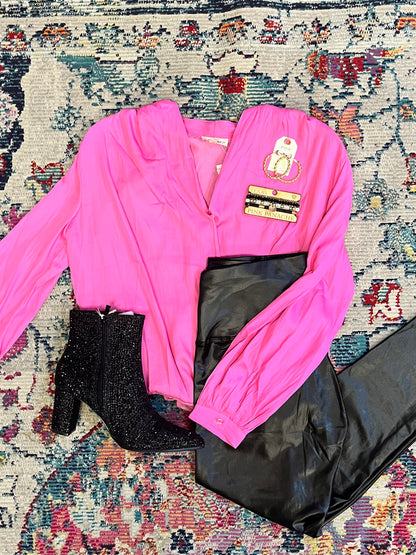 V Neck Long Sleeve Bodysuit in Pink