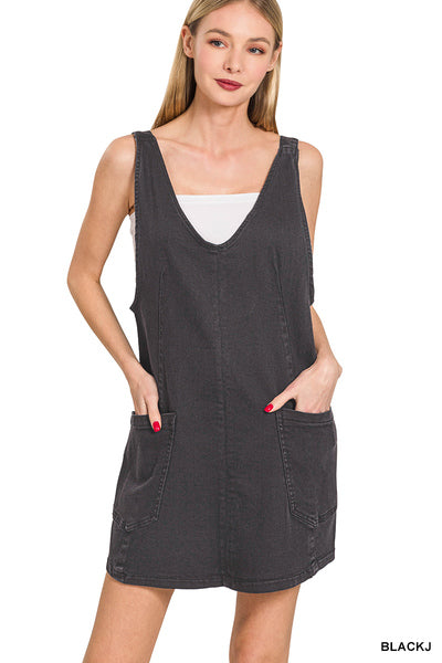 BLACK WASHED ADJUSTABLE STRAP DENIM OVERALL DRESS