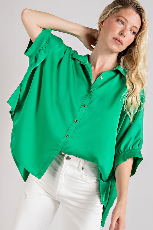 Button Down Satin Top in Kelly Green