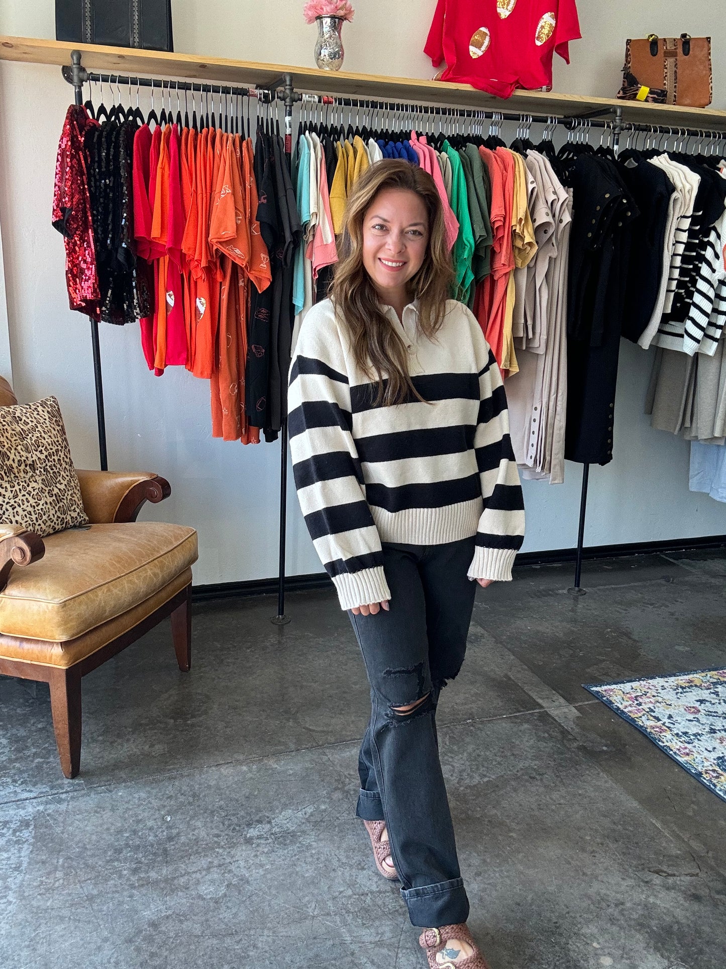 Cream and Black striped Sweater with Buttons and Collar