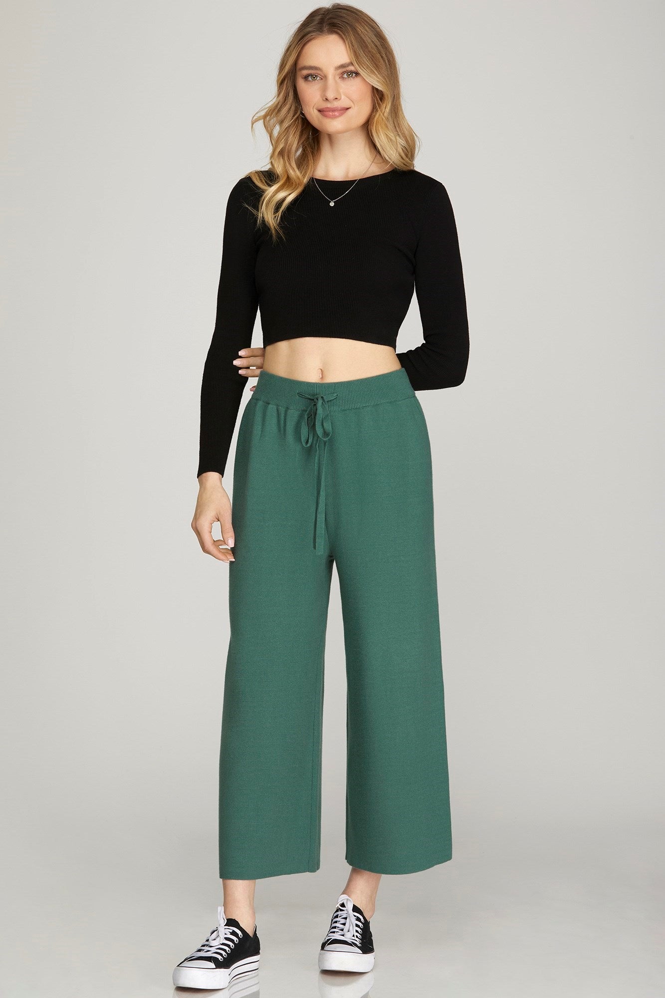 SLATE GREEN CAPRI SWEATER PANTS WITH ELASTIC WAIST TIE