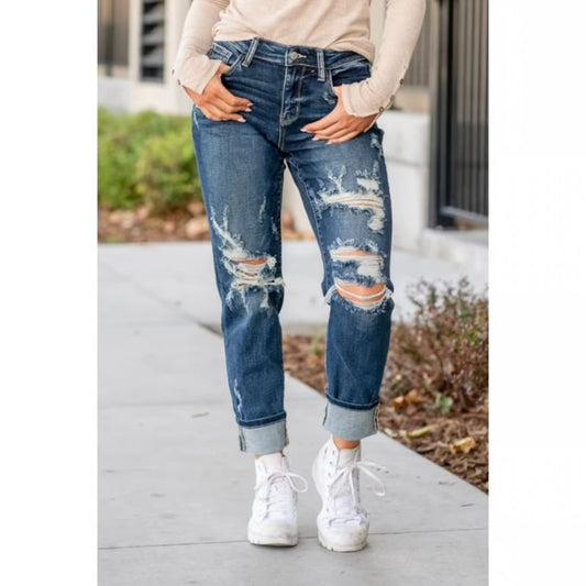 Judy Blue Mid Rise Distressed Boyfriend Jeans