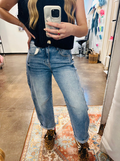 High Rise Boyfriend Cuffed Barrel Jeans in Medium