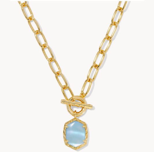 Daphne Link Chain Necklace Gold Light Blue Mother Of Pearl