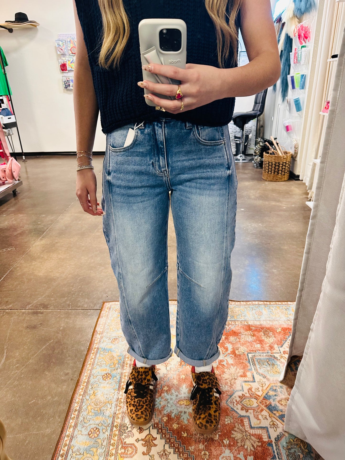 High Rise Boyfriend Cuffed Barrel Jeans in Medium