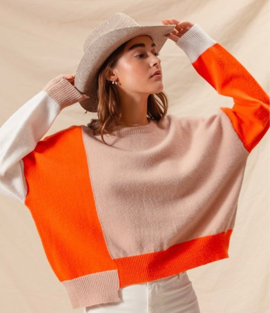 Tan with Orange And White Sleeves Cropped Sweater