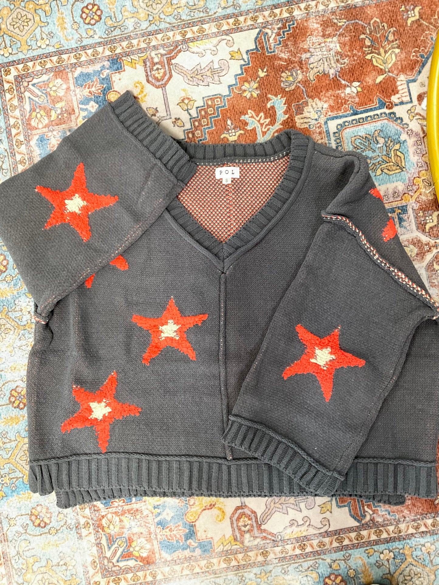 Orange Star Cropped Sweater in Grey