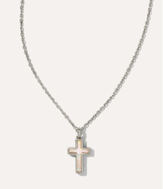 Cross Silver Pendant Necklace in White Kyocera Opal